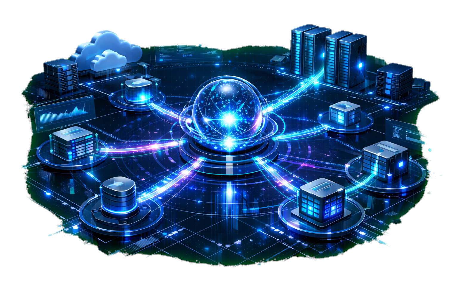 Abstract visualization of AI agent orchestration and data flow